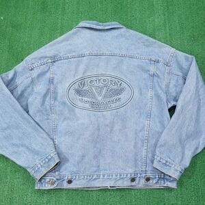 Victory Motorcycles Jacket Mens L Blue Denim Biker Collared Logo USA